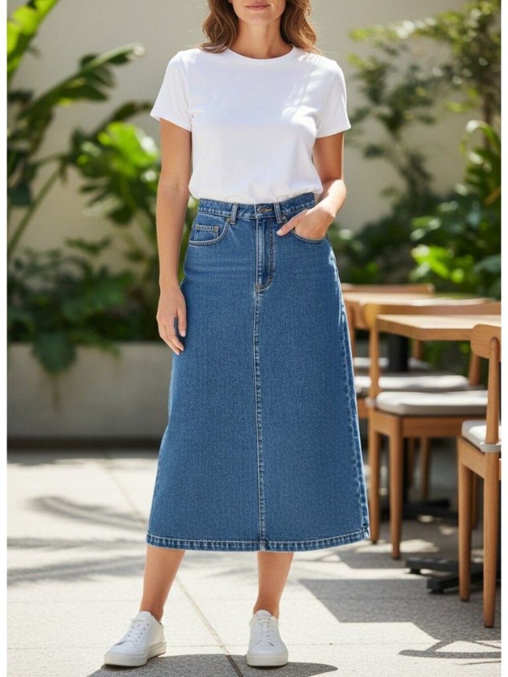 Jordache Womens High-Waisted Denim Midi Skirt W/ Back Slit 7 Blue Cotton Y2k